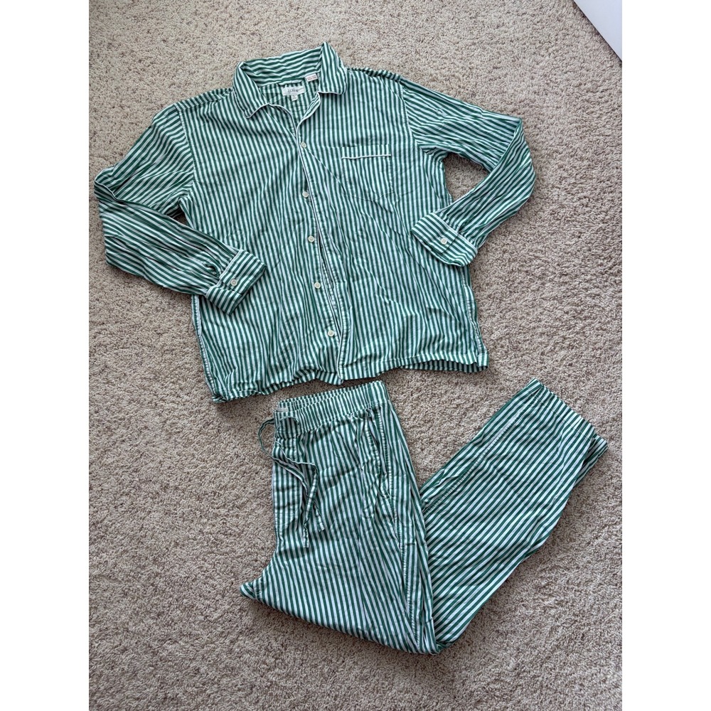 J.Crew Pajama Set Large Green White Striped Cotton Long Sleeve Button Up Pants